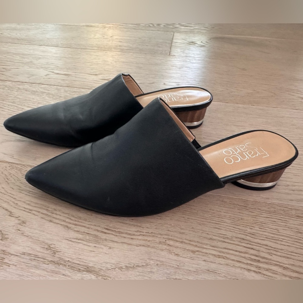 Franco Sarto Viola Black Leather Mule Circular Block Heel Metallic Accent Size 6